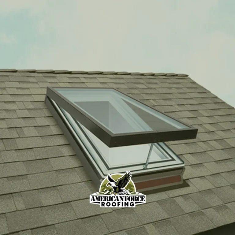 Roofing team installing skylight on house roof